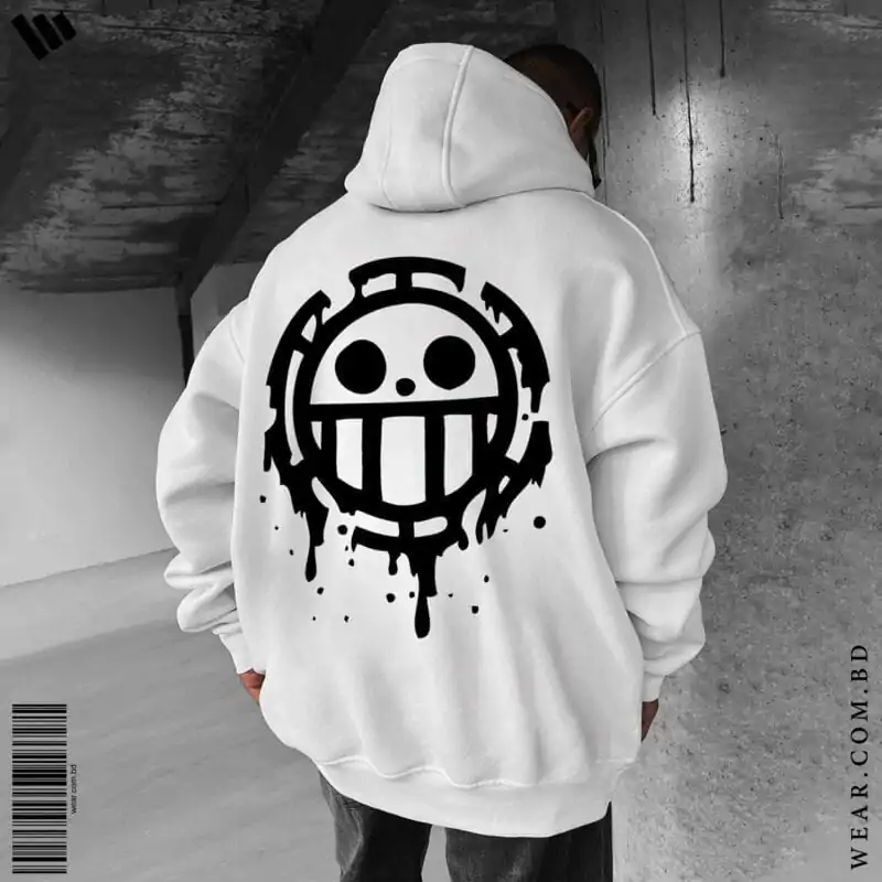 Back view of a man wearing a white oversized hoodie featuring a large black Heart Pirates Jolly Roger (Trafalgar Law's symbol) with a drip effect.