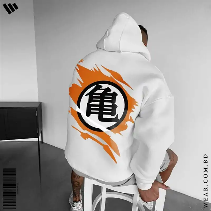 Back view of a man wearing a white oversized hoodie featuring a large black Turtle Hermit Kanji (Kame) symbol inside a circle with orange blast graphics.