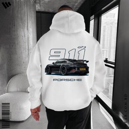 Back view of a person wearing a white oversized hoodie featuring a large graphic of a black Porsche 911 GT3 car and "911 GT3 PORSCHE" text.
