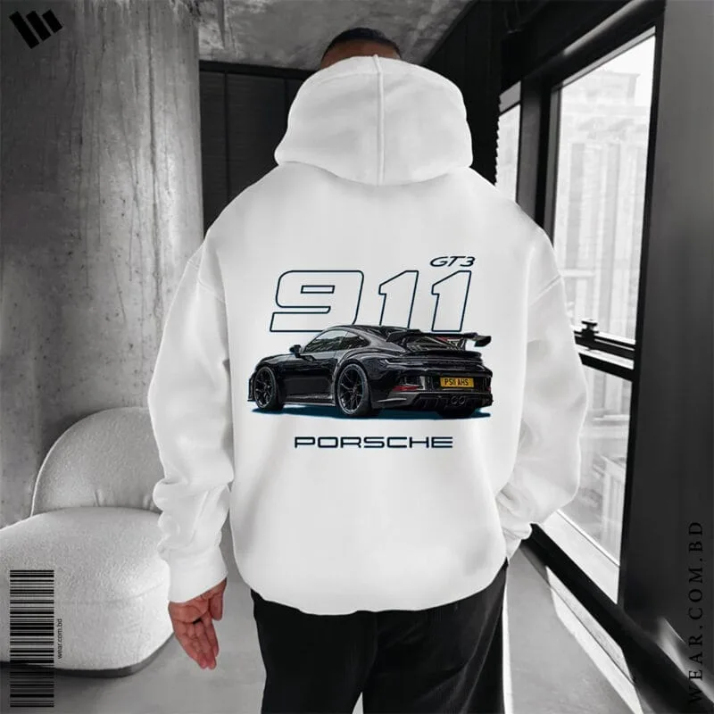 Back view of a person wearing a white oversized hoodie featuring a large graphic of a black Porsche 911 GT3 car and "911 GT3 PORSCHE" text.