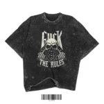 Vintage black acid-washed t-shirt with skull wearing bandana and “F*ck The Rules” text