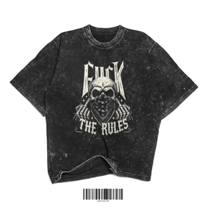 Vintage black acid-washed t-shirt with skull wearing bandana and “F*ck The Rules” text
