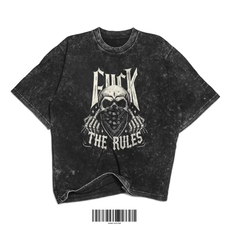 Vintage black acid-washed t-shirt with skull wearing bandana and “F*ck The Rules” text