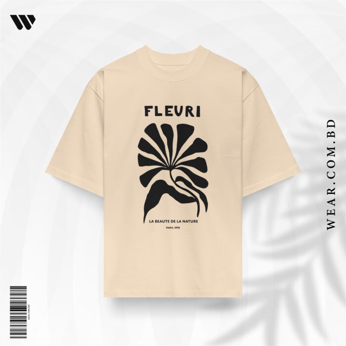 Minimalist beige oversized t-shirt with bold black abstract floral graphic and French FLEURI text
