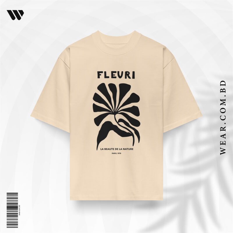 Minimalist beige oversized t-shirt with bold black abstract floral graphic and French FLEURI text