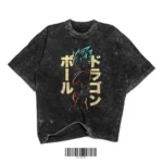Vintage black acid-washed t-shirt with Goku silhouette and Japanese Dragon Ball text