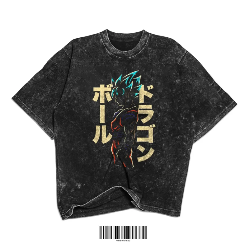 Vintage black acid-washed t-shirt with Goku silhouette and Japanese Dragon Ball text