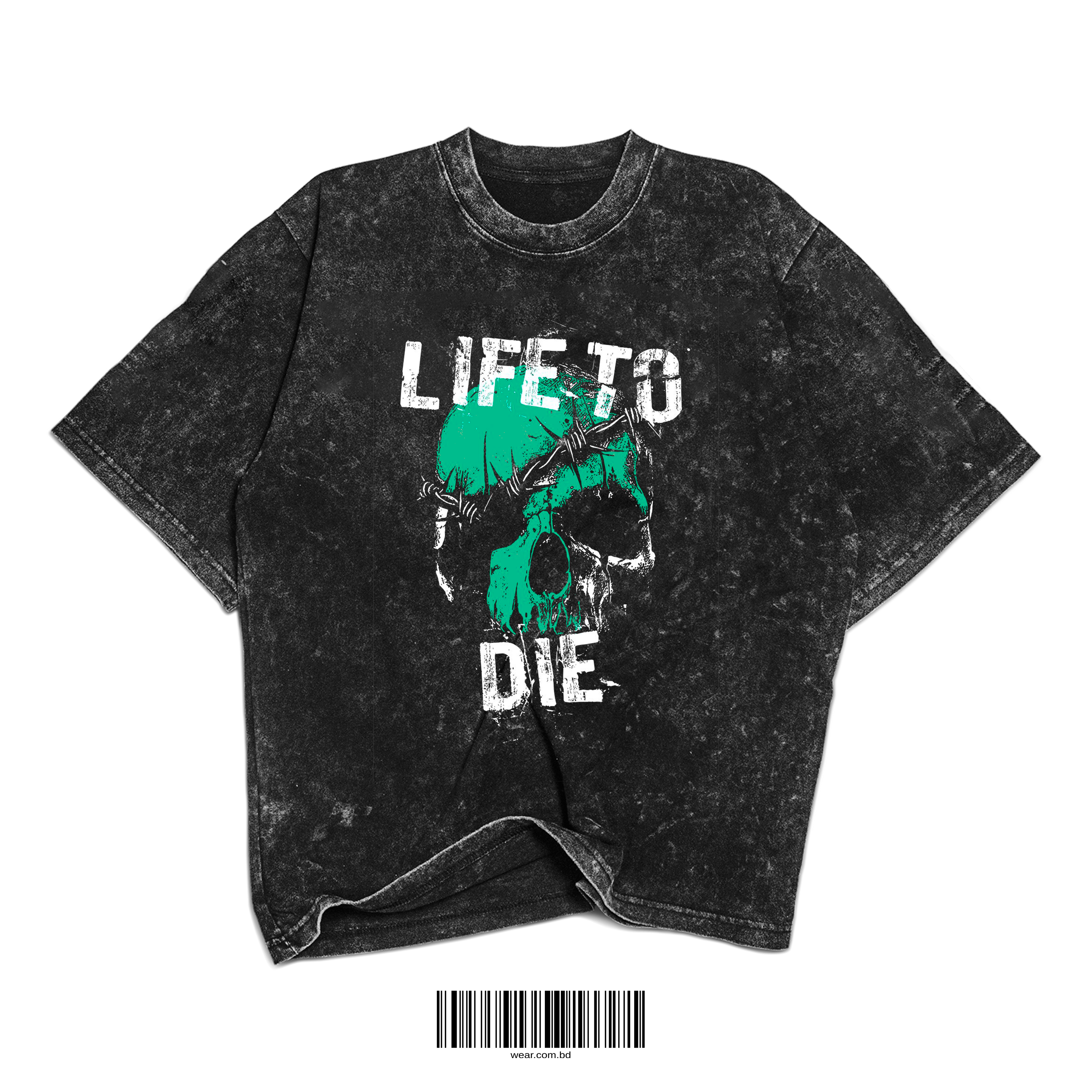 Washed black t-shirt with turquoise skull, barbed wire, and LIFE TO DIE distressed text