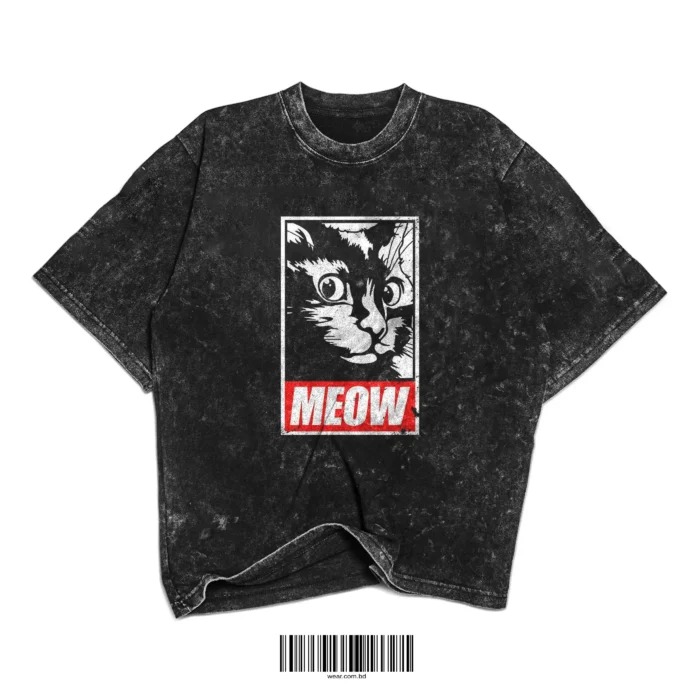 MEOW Cat Graphic Washed T-Shirt – Vintage Black - Image 1