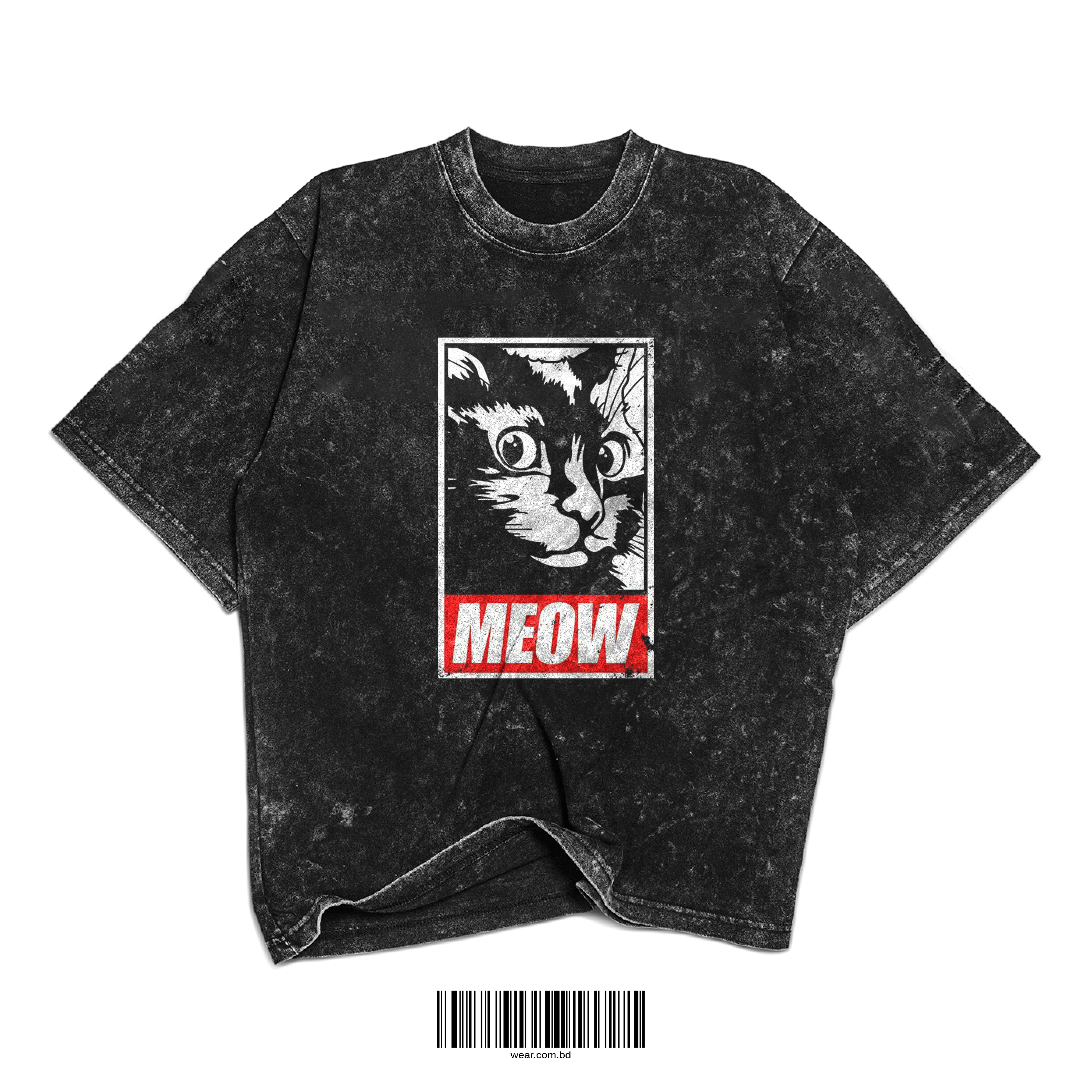Washed vintage black t-shirt with bold cat illustration and MEOW text