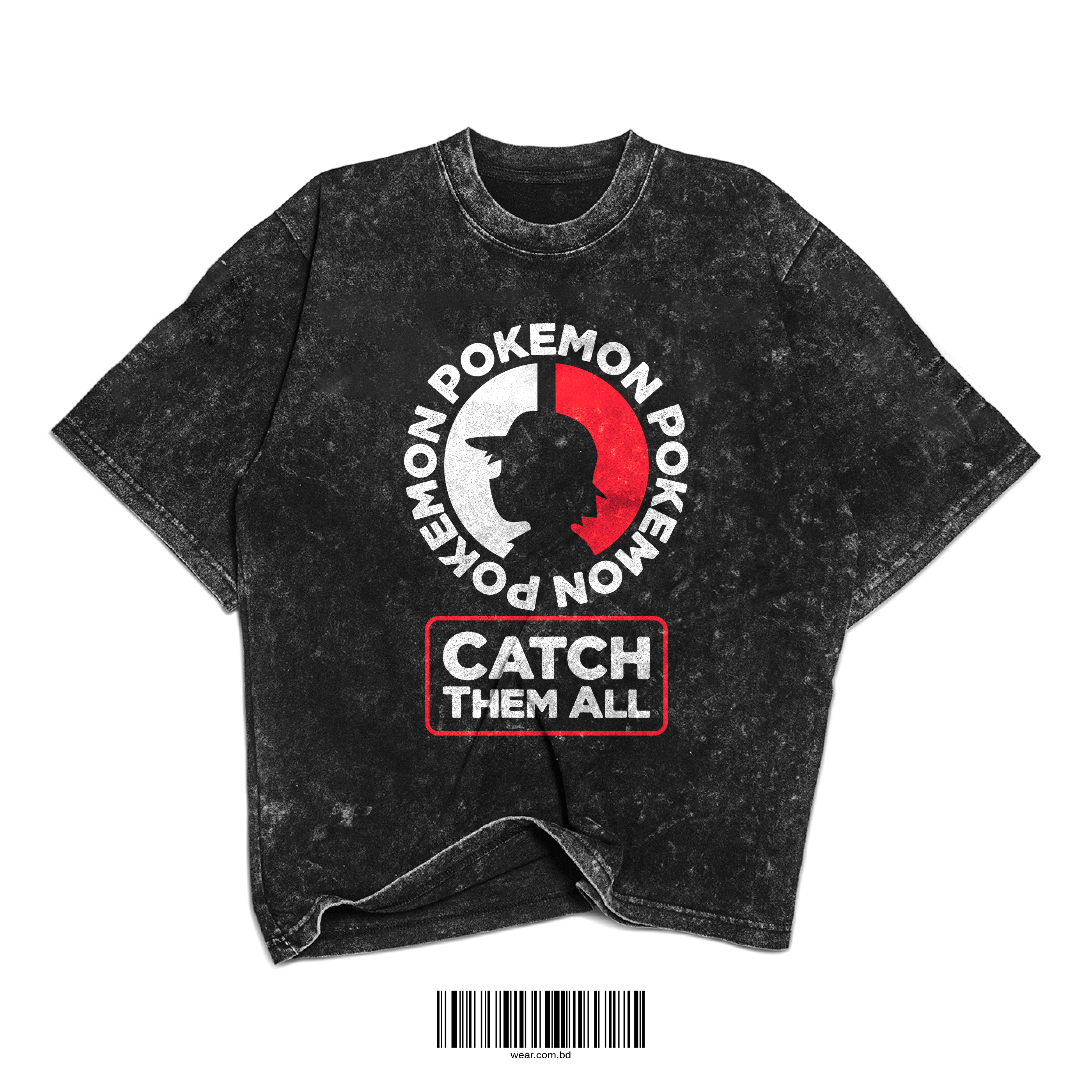 Acid washed Pokemon t-shirt with Ash Ketchum silhouette and "Catch Them All" text