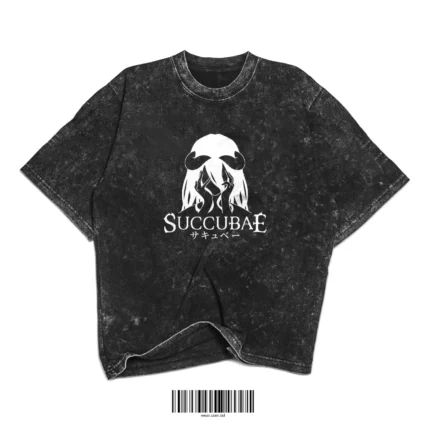 Vintage black acid-washed t-shirt with white succubus anime graphic and "Succubae" text in English and Japanese