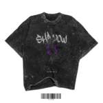 Vintage black acid-washed t-shirt with Shadow Monarch sword, purple lightning, and SHADOW text inspired by Solo Leveling