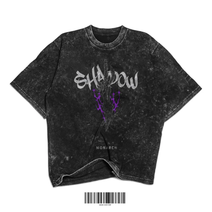 Vintage black acid-washed t-shirt with Shadow Monarch sword, purple lightning, and SHADOW text inspired by Solo Leveling