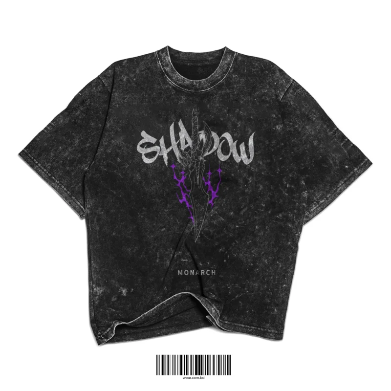 Vintage black acid-washed t-shirt with Shadow Monarch sword, purple lightning, and SHADOW text inspired by Solo Leveling