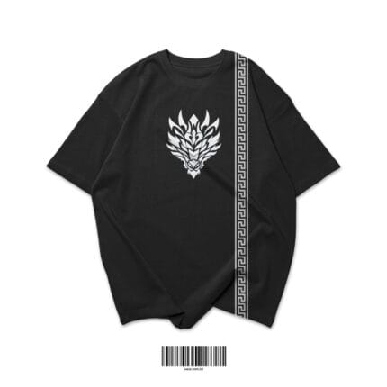 "Black oversized t-shirt made from cotton spandex blend with tribal flame dragon graphic and side stripe – WEAR Clothing"