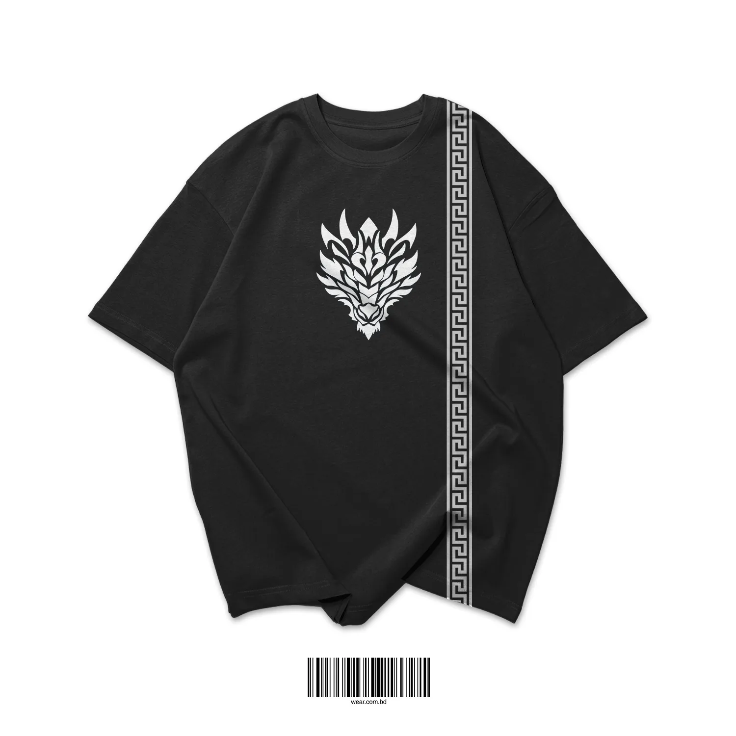 dragon front "Black oversized t-shirt made from cotton spandex blend with tribal flame dragon graphic and side stripe – WEAR Clothing"