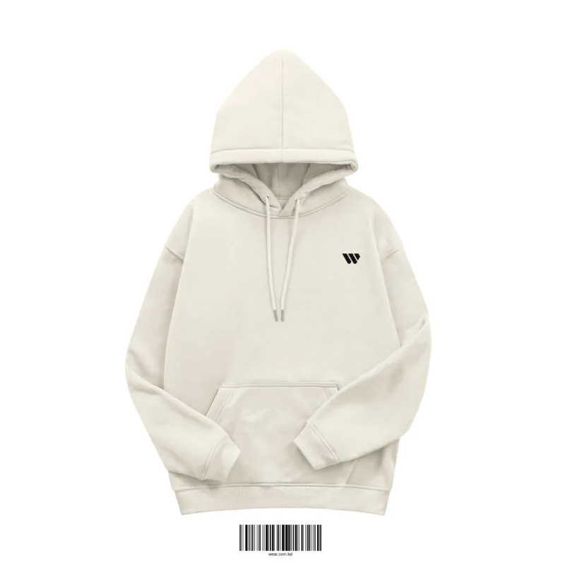 Front view of a cream or off-white men's hoodie made of 350 GSM cotton fleece, featuring a small black 'W' logo on the chest.