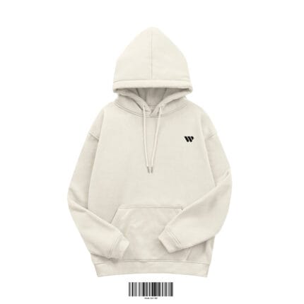 Front view of a cream or off-white men's hoodie made of 350 GSM cotton fleece, featuring a small black 'W' logo on the chest.
