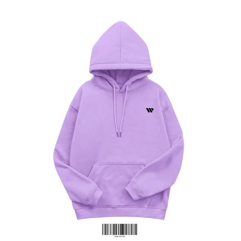 Front view of a lavender or light purple men's hoodie made of 350 GSM cotton fleece, featuring a small black 'W' logo on the chest.