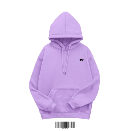 Front view of a lavender or light purple men's hoodie made of 350 GSM cotton fleece, featuring a small black 'W' logo on the chest.