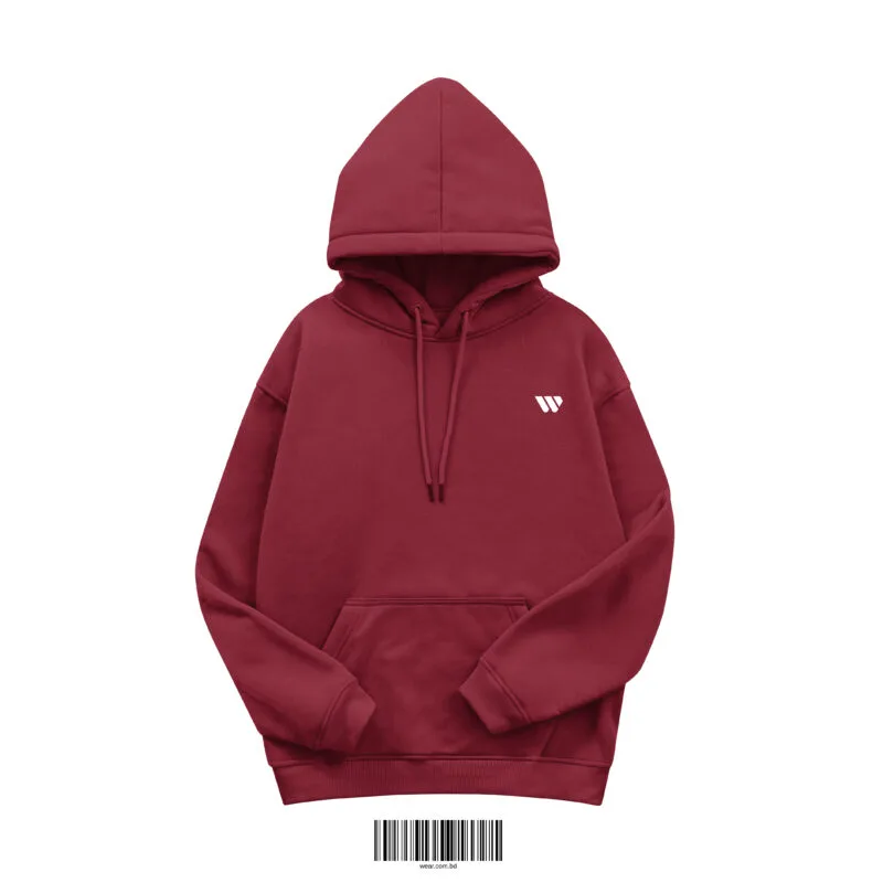 Front view of a rich maroon or burgundy men's hoodie made of 350 GSM cotton fleece, featuring a small white 'W' logo on the chest.