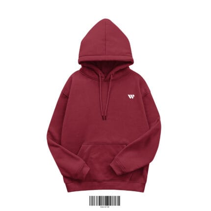 Front view of a rich maroon or burgundy men's hoodie made of 350 GSM cotton fleece, featuring a small white 'W' logo on the chest.