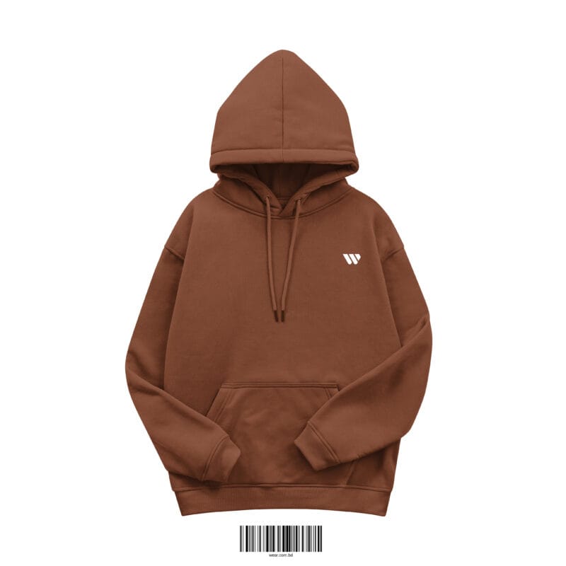 Front view of a rich coffee brown men's hoodie made of 350 GSM cotton fleece, featuring a small white 'W' logo on the chest.
