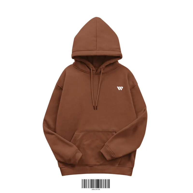 Front view of a rich coffee brown men's hoodie made of 350 GSM cotton fleece, featuring a small white 'W' logo on the chest.