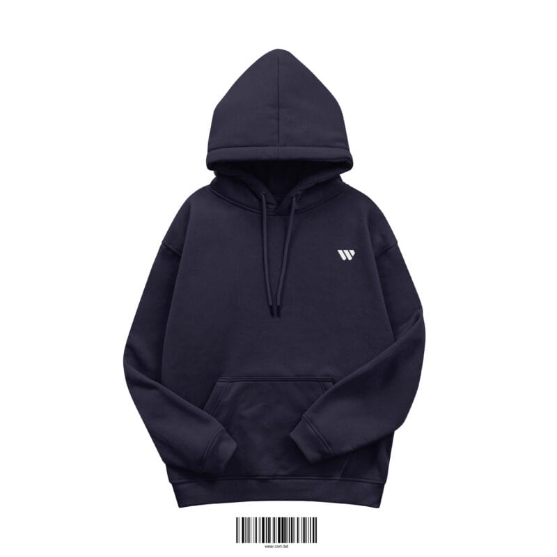 Men's 350 GSM Cotton Fleece Hoodie in Classic Navy Blue with white logo.
