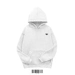 Front view of a white men's hoodie made of 350 GSM cotton fleece, featuring a small black 'W' logo on the chest.