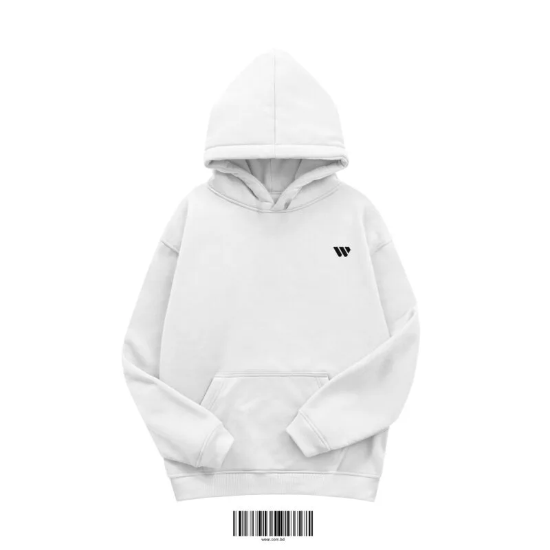 Front view of a white men's hoodie made of 350 GSM cotton fleece, featuring a small black 'W' logo on the chest.