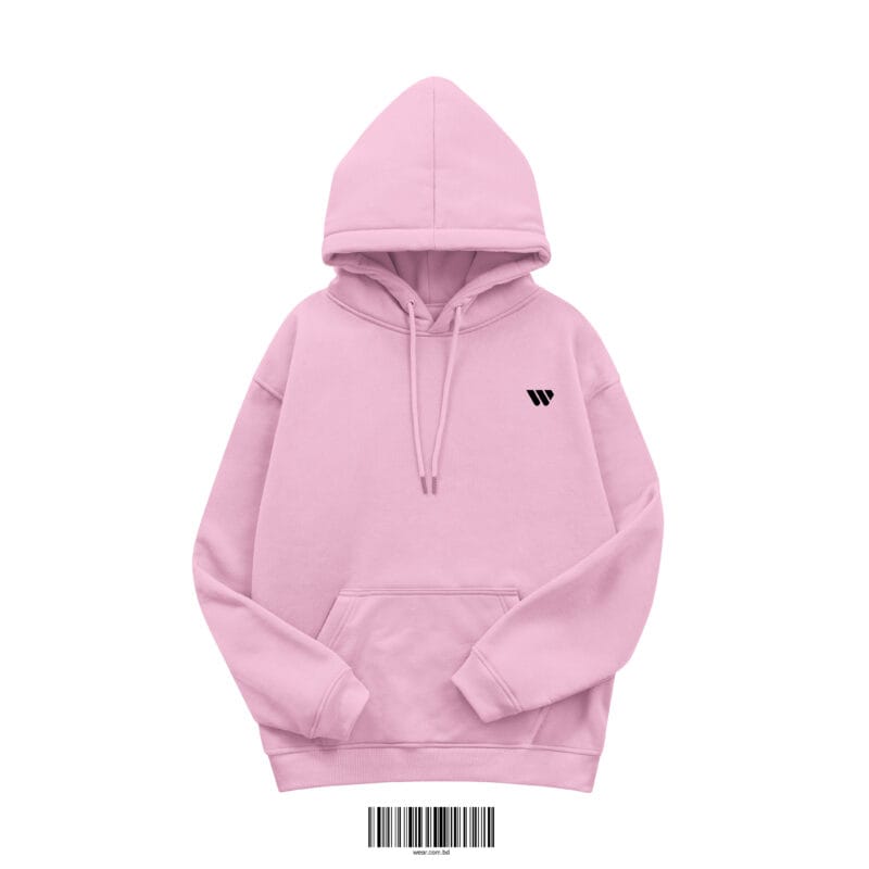 Front view of a pink or light pink men's hoodie made of 350 GSM cotton fleece, featuring a small black 'W' logo on the chest.