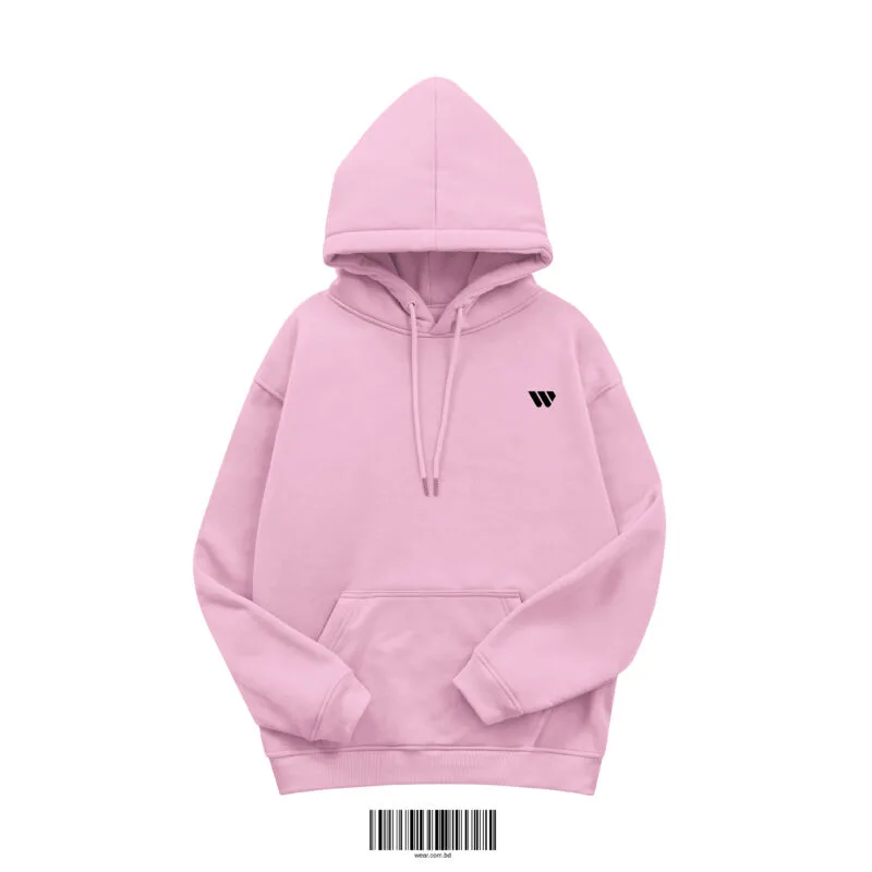 Front view of a pink or light pink men's hoodie made of 350 GSM cotton fleece, featuring a small black 'W' logo on the chest.