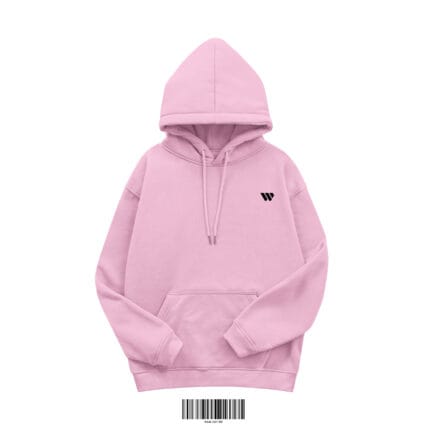 Front view of a pink or light pink men's hoodie made of 350 GSM cotton fleece, featuring a small black 'W' logo on the chest.