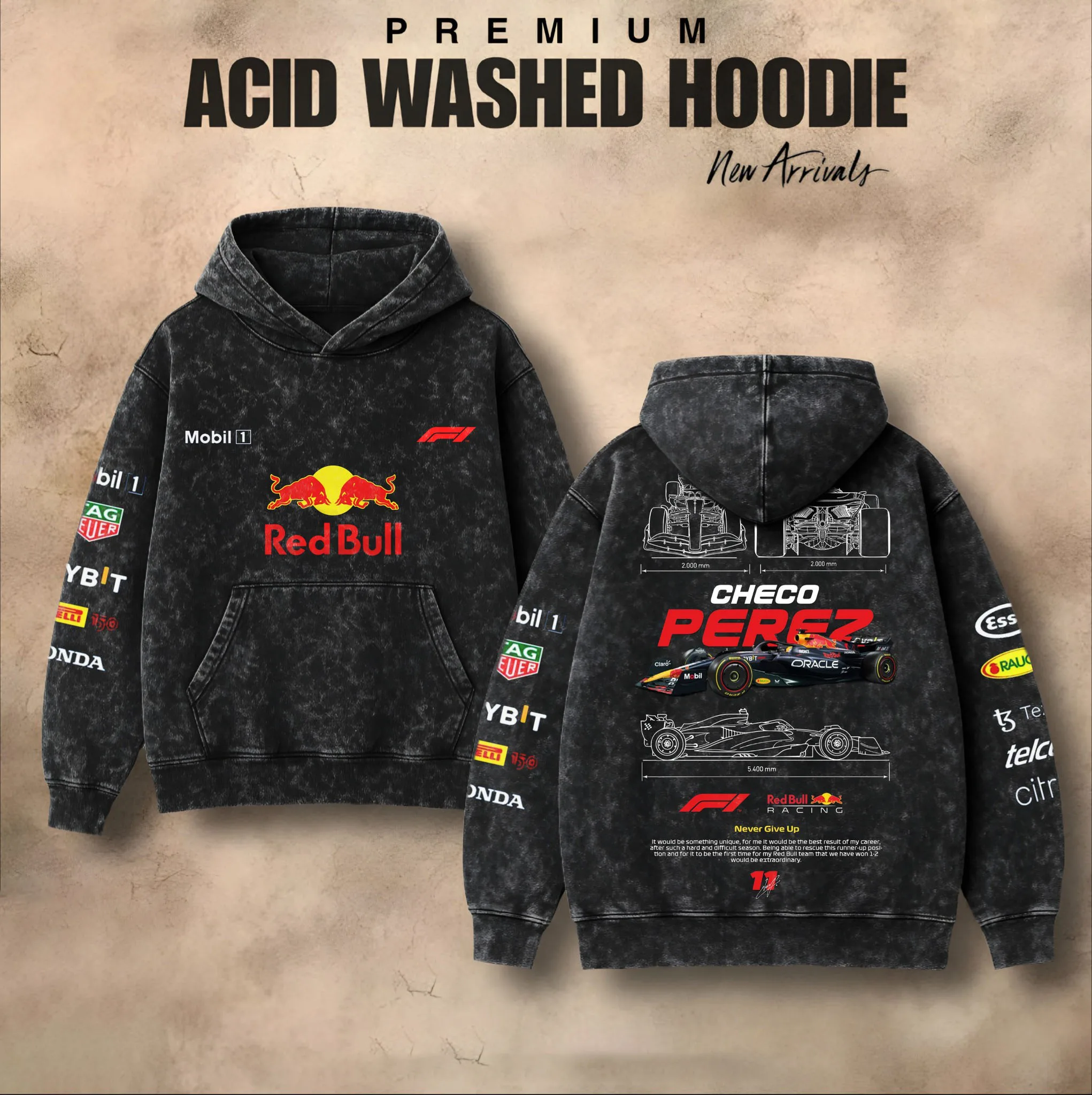 Checo Perez F1 Red Bull Racing Acid Wash Hoodie - Image 1