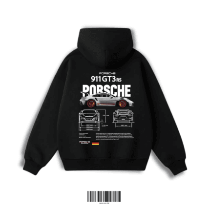 High-quality 350 GSM fleece hoodie featuring Porsche 911 GT3 RS blueprint artwork. No shrinkage, no bobbling. Perfect for car enthusiasts.
