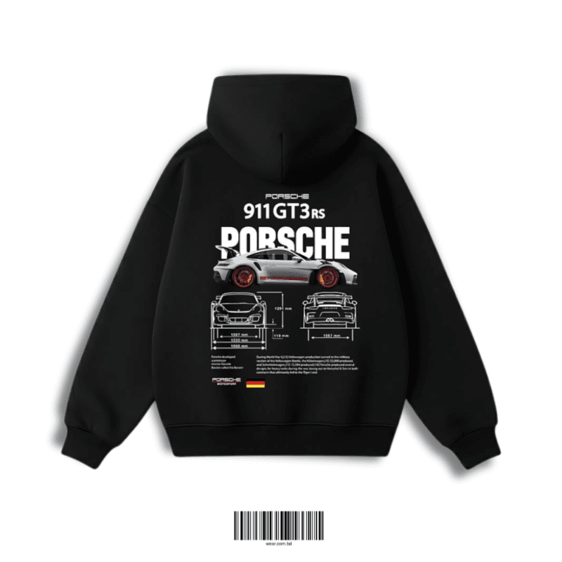 High-quality 350 GSM fleece hoodie featuring Porsche 911 GT3 RS blueprint artwork. No shrinkage, no bobbling. Perfect for car enthusiasts.