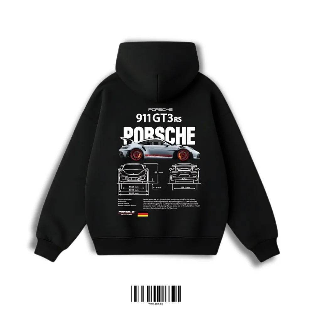 High-quality 350 GSM fleece hoodie featuring Porsche 911 GT3 RS blueprint artwork. No shrinkage, no bobbling. Perfect for car enthusiasts.