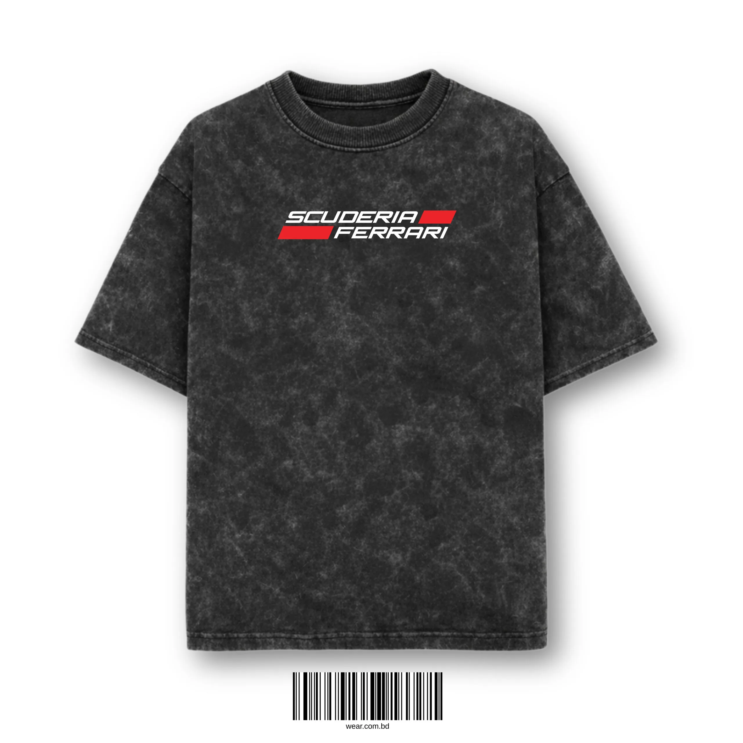Acid wash black Italian racing inspired oversized t-shirt front design