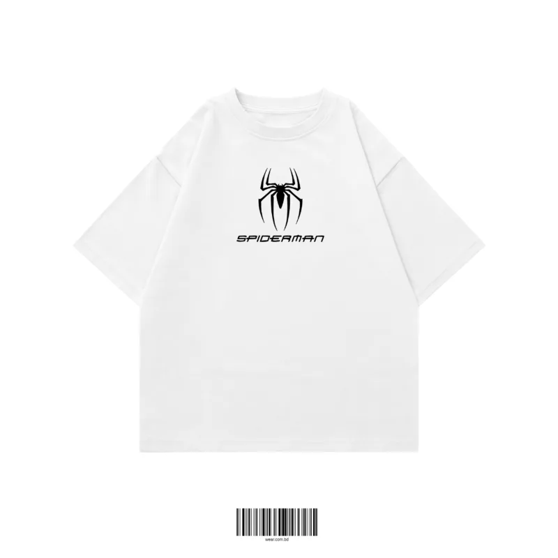 White oversized t-shirt with black spider graphic front view by WEAR
