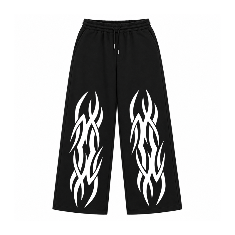 Tribal Flame baggy sweatpants in black with white flame graphics