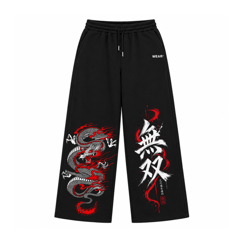 Dragon Ink baggy sweatpants in black with Japanese-inspired dragon graphics