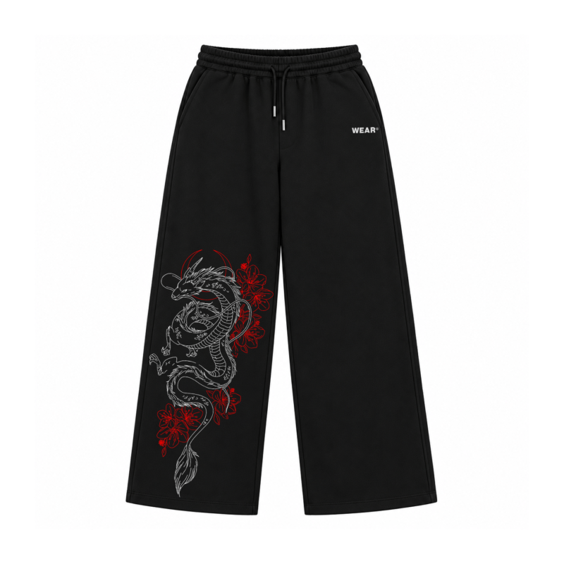 Dragon Blossom baggy sweatpants with dragon and floral graphic on black