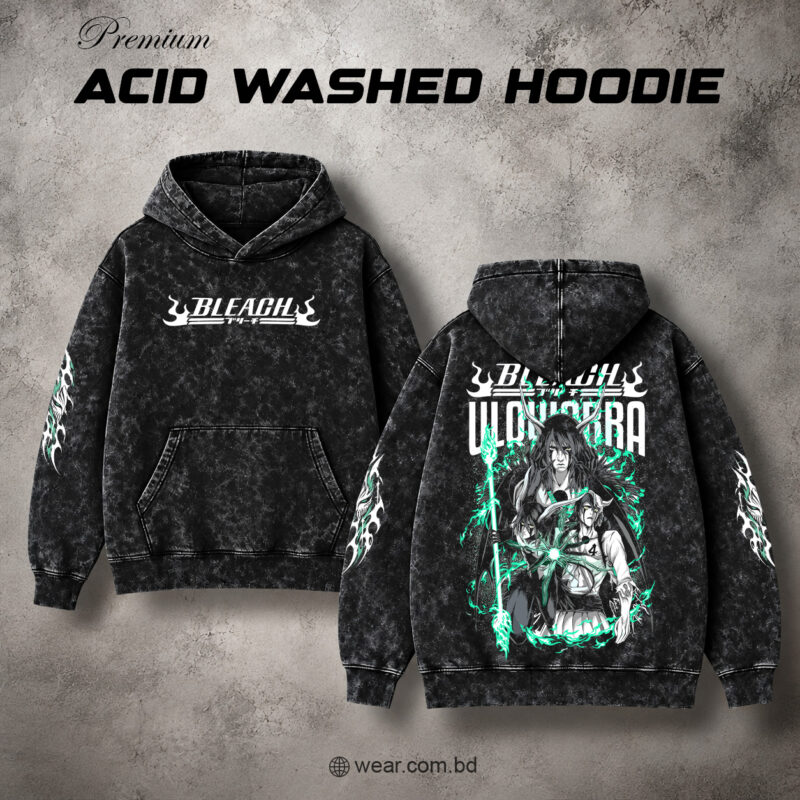 Premium black acid wash hoodie with contrasting graphic details by WEAR Bangladesh