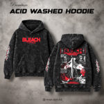 Premium black anime acid wash hoodie with red and white anime-inspired artwork by WEAR Bangladesh.