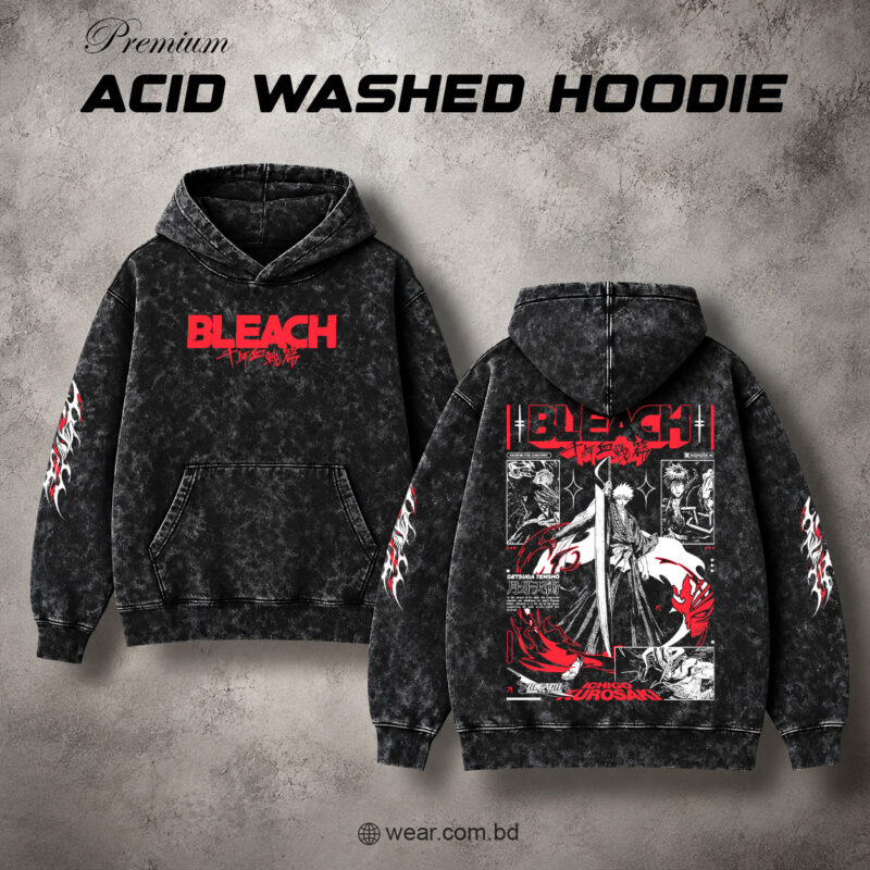 Premium black anime acid wash hoodie with red and white anime-inspired artwork by WEAR Bangladesh.