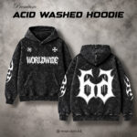 Worldwide black acid wash hoodie with white front and back artwork by WEAR Bangladesh