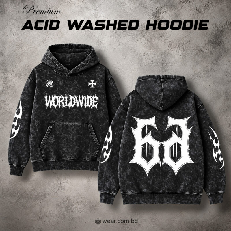 Worldwide black acid wash hoodie with white front and back artwork by WEAR Bangladesh